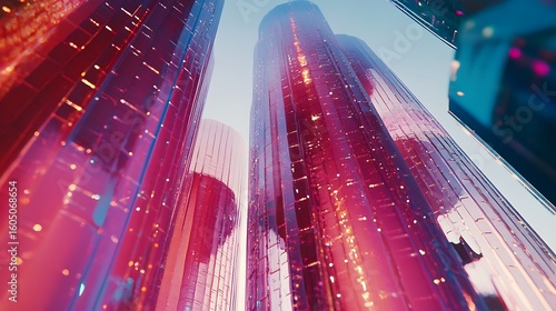 Futuristic city skyscrapers viewed from below