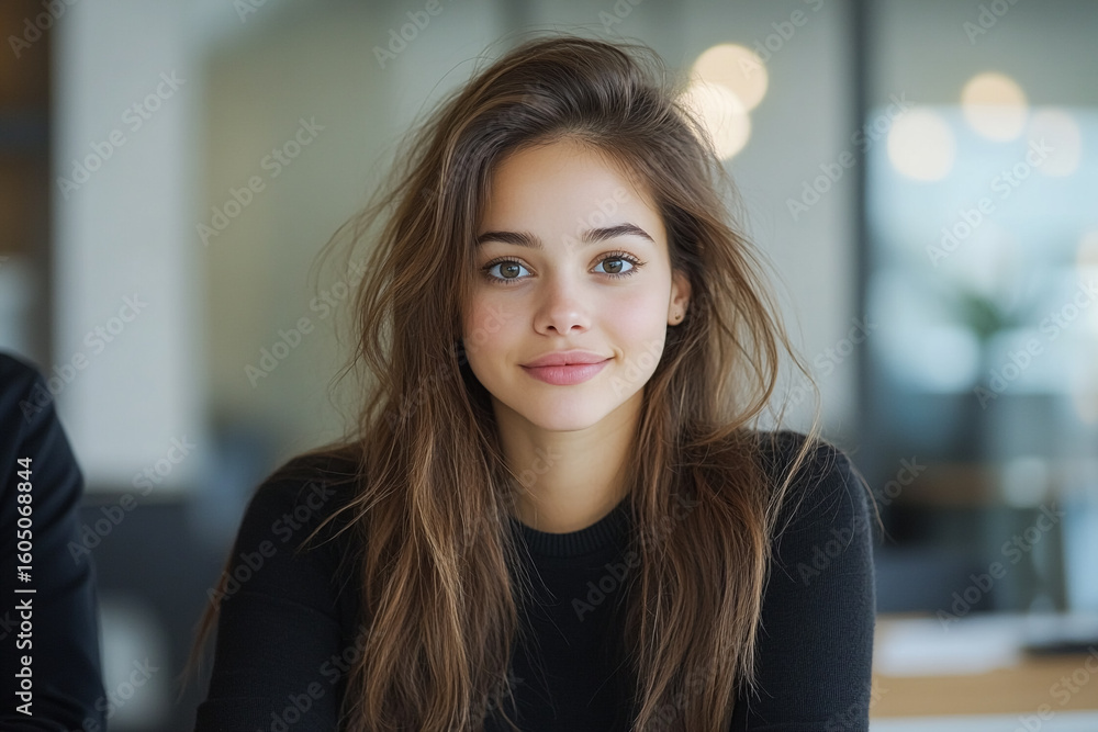 Young woman smiles at camera. Portrait showcases brown hair, green eyes. Ideal for beauty, marketing, editorial, web use. Young woman smiles at camera. Portrait showcases brown hair, green eyes. Ideal for beauty, marketing, editorial, web use.