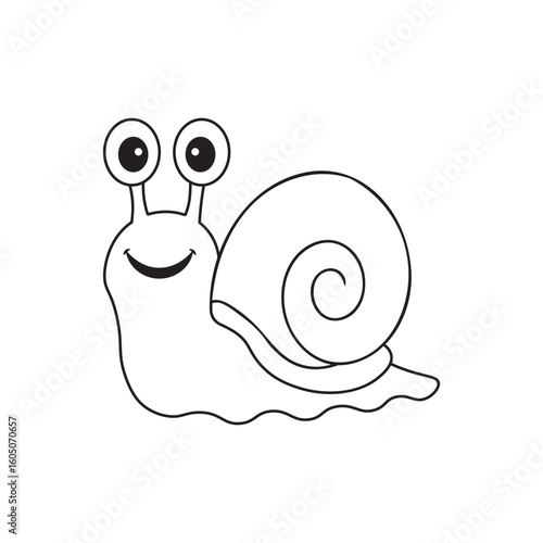 adorable cartoon snail line drawing with big eyes and a smiling face, black and white vector illustration isolated on white background.
