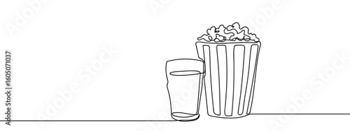 Continuous line, popcorn and cola glass, movie Simple art lines, vector on transparent background, editable strokes.