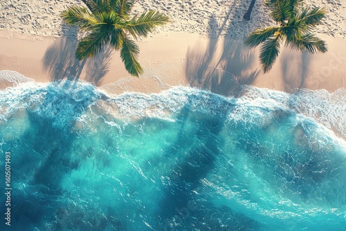 Aerial view of a tropical beach with palm trees and turquoise water.