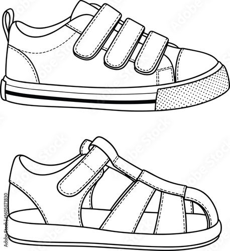 CAD drawing flat vector illustration of children's sneaker and sandal, detailed footwear sketch, velcro straps, fashion design blueprint, kids' shoes