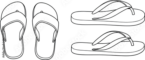 Cad drawing flat vector illustration of flip flops, beach sandals, top and side view, outline summer footwear for design templates