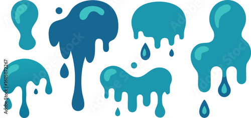 Vector art of abstract blue blobs with dripping liquid representing a fluid or viscous substance in a playful style isolated on transparent background.