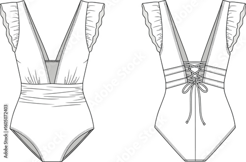 CAD drawing flat vector illustration of one-piece swimsuit, ruffled sleeves, deep neckline, lace-up back, fashion swimwear sketch design layout