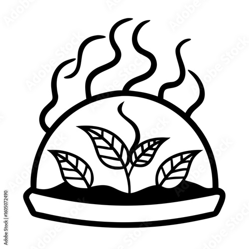 Plant enclosed in a transparent dome with steam rising above  