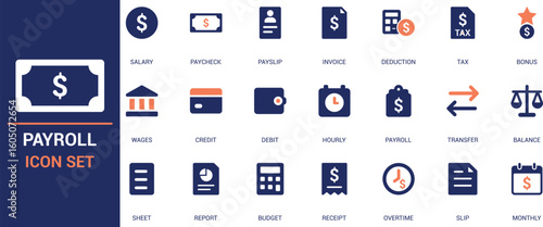 Flat vector payroll icon set featuring salary, payslip, tax, deduction, bonus, balance, report, and receipt. Ideal for HR, accounting, and finance dashboards.

