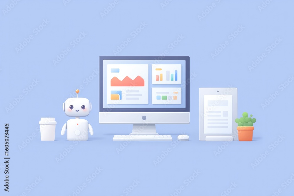 Obraz premium minimalistic office scene with robot and computer symbols of business process automation with clean lines