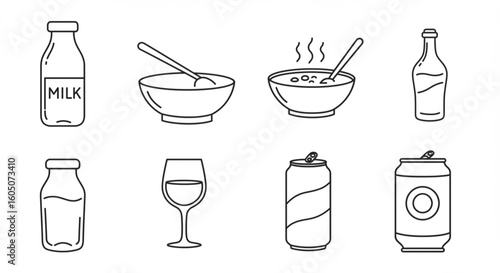 Simple line drawing of various food and beverage containers, including milk bottles.