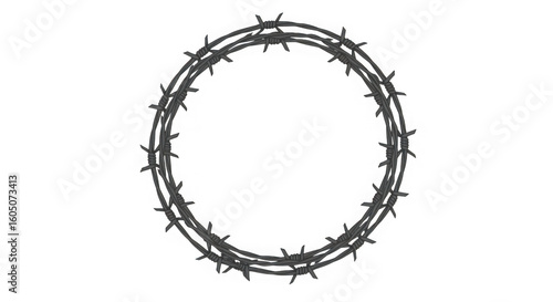 Isolated barbed wire wreath on a transparent background creating a sharp and dangerous circle of security and protection