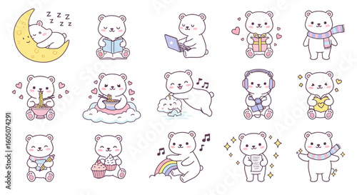 Set sticker of adorable kawaii chibi polar bear characters 
