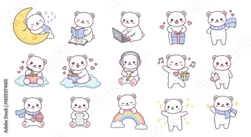 Set sticker of adorable kawaii chibi polar bear characters 