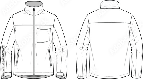 CAD drawing flat vector illustration of stylish jacket, front and back view, fashion design blueprint, technical sketch, garment construction details