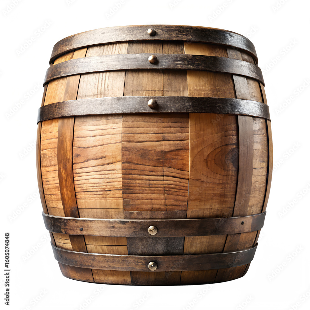 Fototapeta premium Aged wooden wine barrel rustic oak cask isolated on transparent background