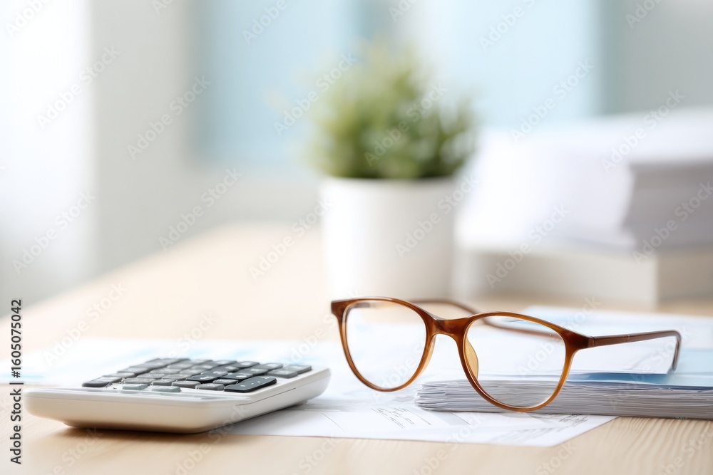 minimalistic desk with tax documents calculator and glasses signifying accounting services set against clean backdrop