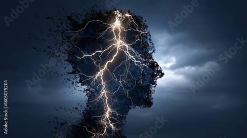 Stress and Inner Turmoil: Silhouette with Lightning Imagery