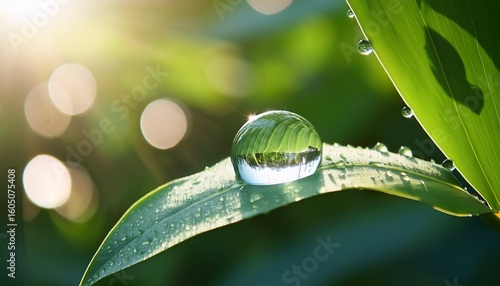 a glistening water droplet sits delicately on a lush green leaf soft sunlight filters through surrounding foliage enhancing the natural beauty and tranquility of this serene moment in nature