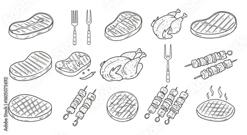 Collection of hand-drawn illustrations of grilled meats and poultry.