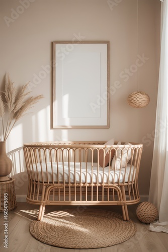 Boho Baby Crib Mockup in Neutral Room
