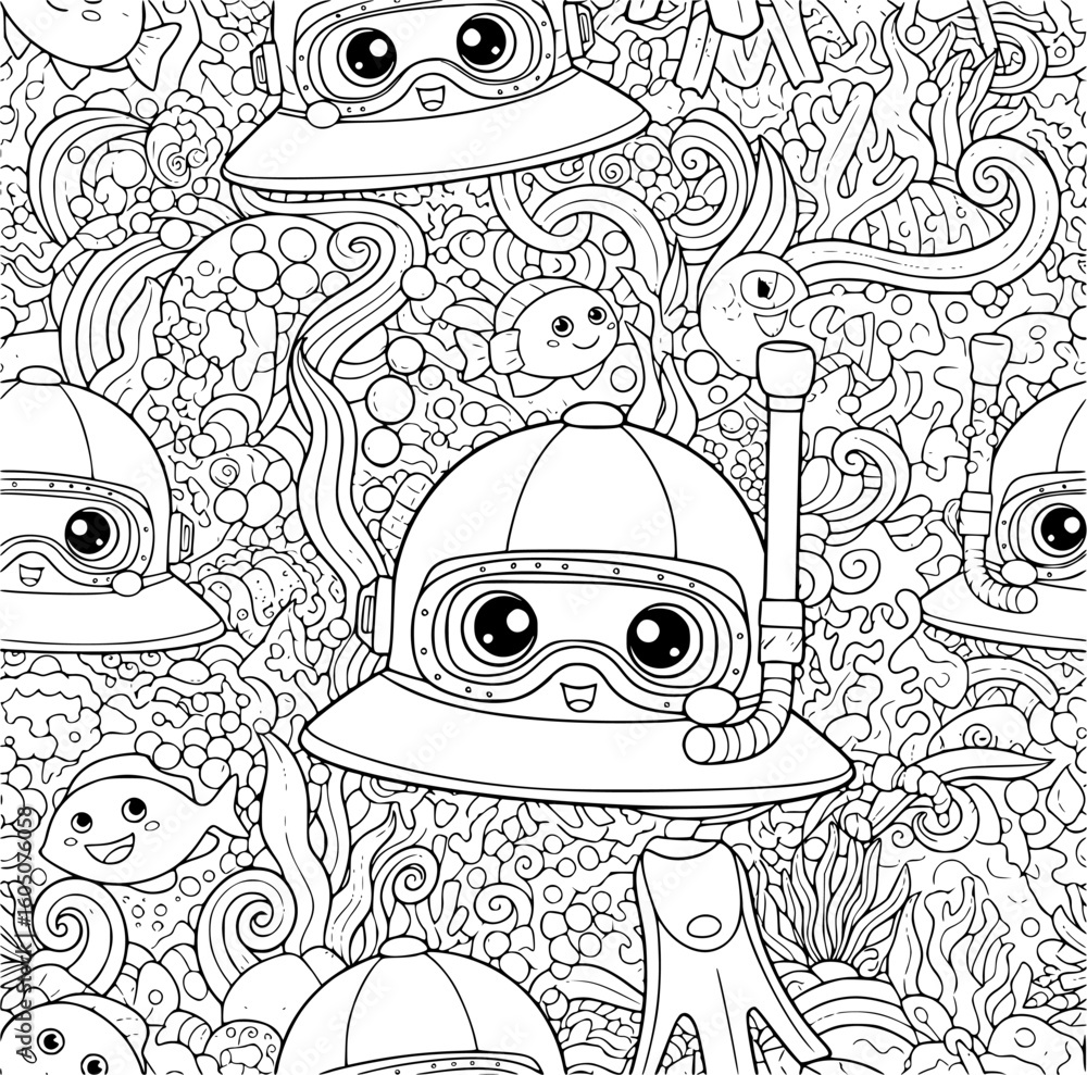 Fototapeta premium Seamless pattern with cute cartoon diving masks, fish, and underwater elements for coloring