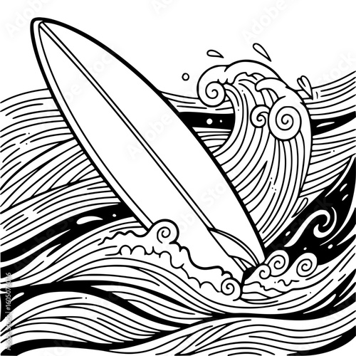 Dynamic illustration of a surfboard riding a crashing ocean wave, perfect for coloring