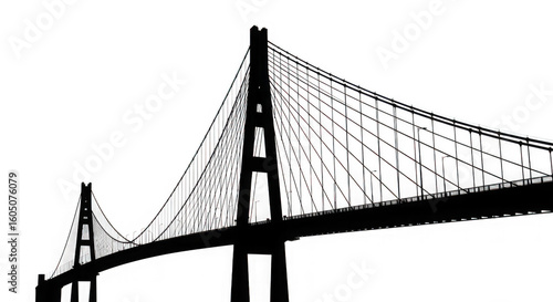 Dramatic black and white silhouette of a suspension bridge against a stark white backdrop showcasing its architectural design isolated on transparent background