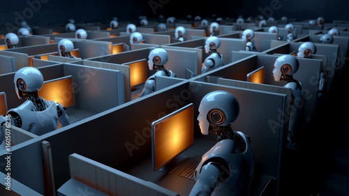 Robot replacing humans in office cubicles – futuristic concept of automation and AI taking over desk jobs