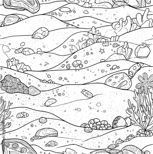 Underwater seabed with undulating sand dunes, pebbles, rocks, and marine flora