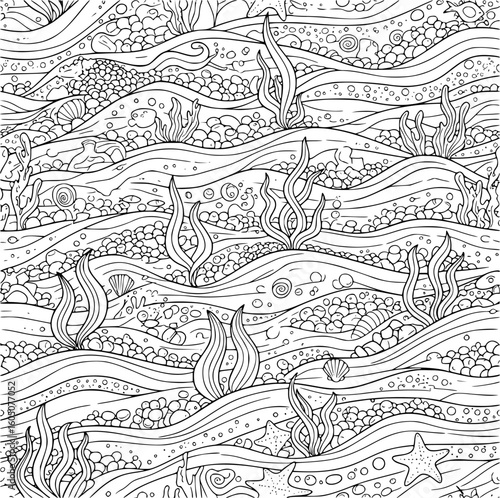 Seamless pattern of underwater scene with seaweed, shells, and starfish on a sandy seabed