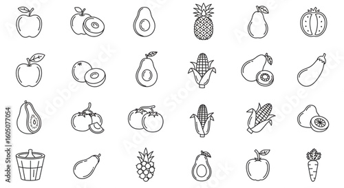 A collection of simple line drawings depicting various fruits and vegetables.