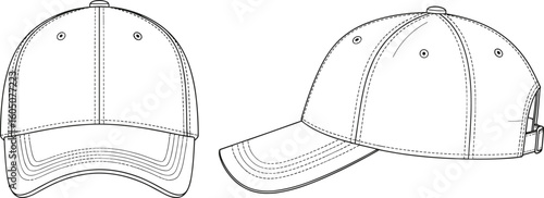 CAD drawing flat vector illustration, baseball cap design, front and side views, stitching detail, fashion accessory, sportswear template