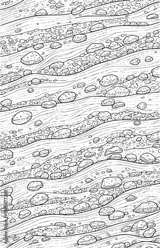 Detailed illustration of a riverbed with stones and water flow patterns in black and white