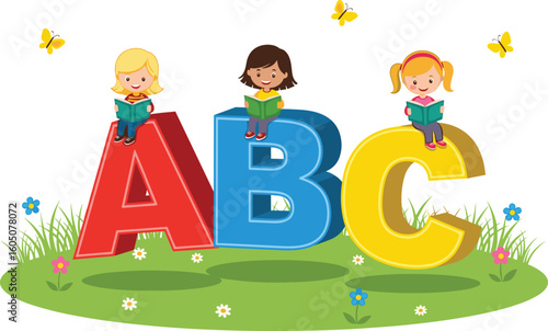 Cartoon children reading books on giant ABC letters, alphabet education, kids learning outdoors, colorful vector illustration for school and preschool