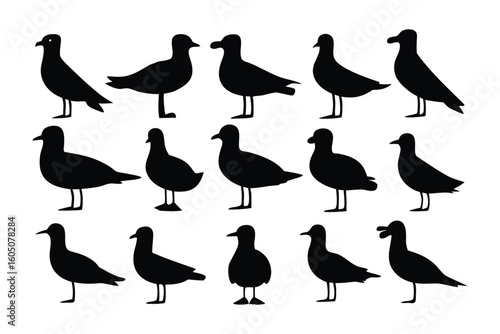 Collection of twelve black silhouette shorebirds standing on thin legs against a white background