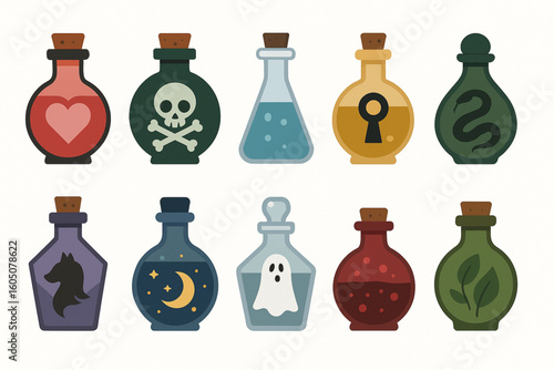 Set of Halloween Fantasy Potion Bottle Icons in Flat Vector Style