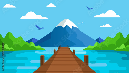 Cartoon Landscape of a Wooden Pier Vector Illustration