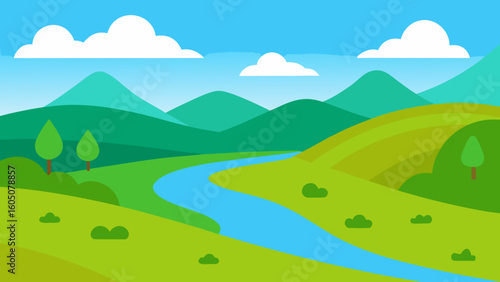 Meadow with River and Rolling Hills Vector Illustration
