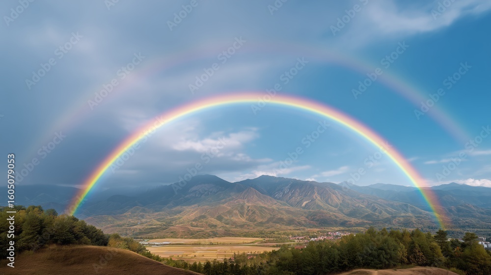Naklejka premium Breathtaking rainbow arching over majestic mountains in nature landscape scenic viewpoint for travel enthusiasts