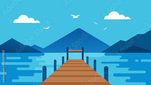 Wooden Pier at Calm Lake with Seagulls
