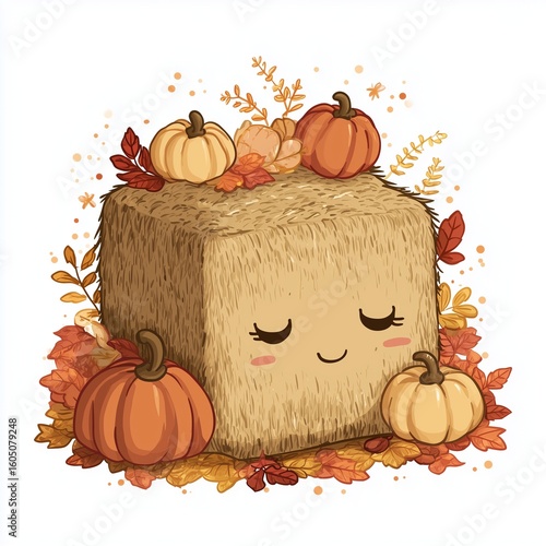 Kawaii Hay Bale with Sleepy Face and Autumn Pumpkins