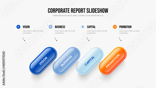 Creative Campaign Four Element Diagram Presentation Design. Project Overview Slide Template Vector Illustration. Professional Introduction 4 Step Infographic Frame Layout.