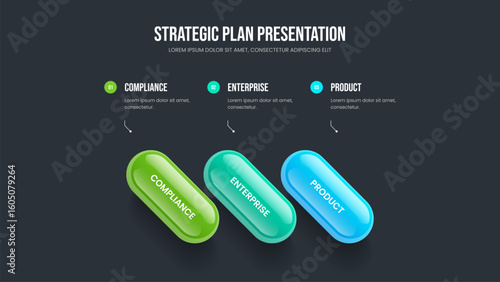 Modern Forecast Frame Template Vector Illustration. Visual Innovation 3 Step Diagram Slide Design. Corporate Briefing Three Option Infographic Slideshow Layout.