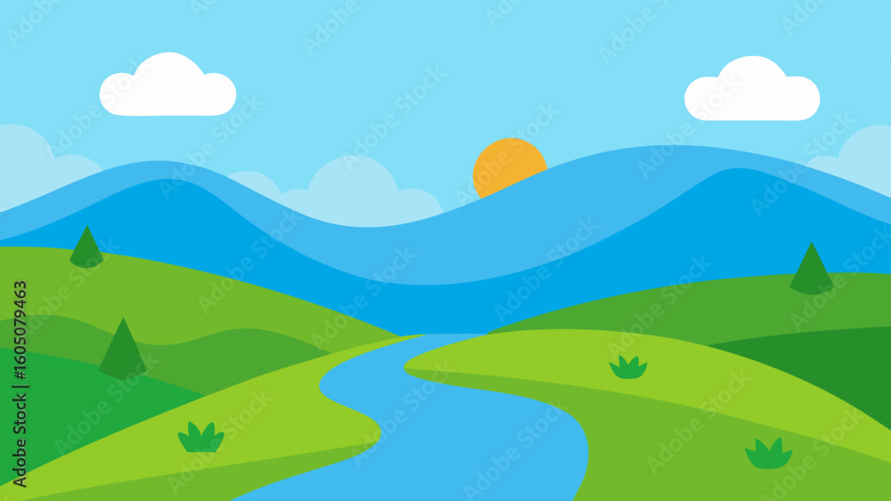 Fototapeta premium Meadow with River and Rolling Hills Vector Illustration