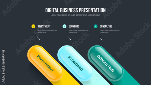 Service Proposal 3 Step Infographic Slideshow Design. Advertising Growth Three Option Diagram Frame Layout. Financial Insight Presentation Template Vector Illustration.