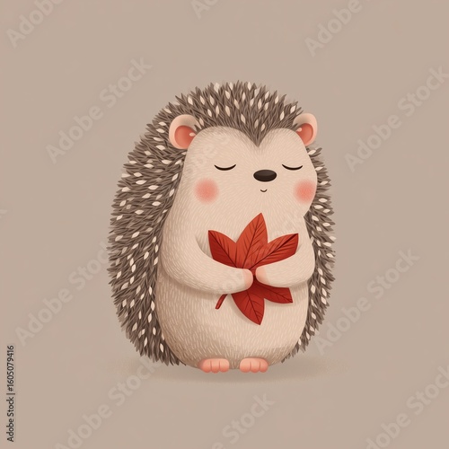 Adorable Kawaii Hedgehog Holding a Red Leaf