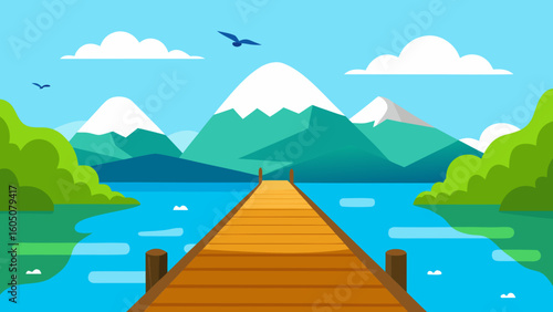 Cartoon Landscape of a Wooden Pier Vector Illustration