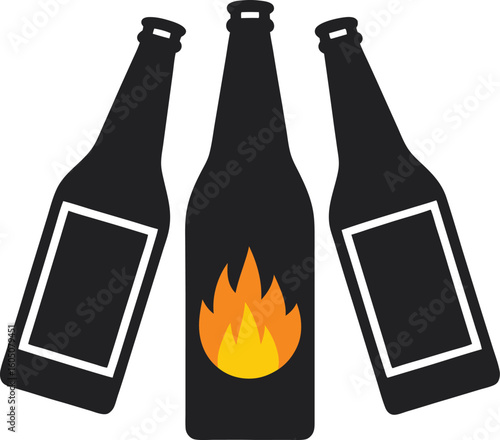 Beer Bottles Silhouette with Fire Symbol – Vector Illustration for Party, Alcohol, and BBQ Celebration Themes