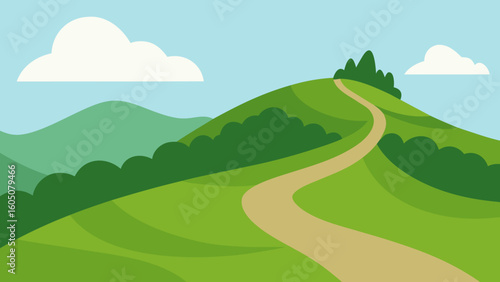 Lush Hillside with Winding Trail Vector Illustration