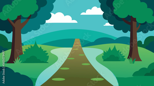 Hidden Forest Pond Pathway Vector Illustration