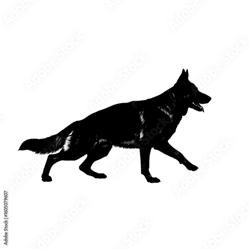 a striking black and white silhouette of a german shepherd dog in motion